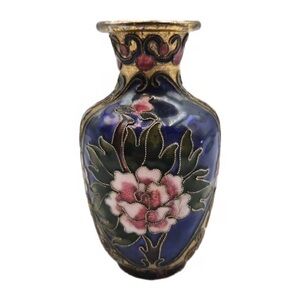 Small Cloisonne Metal Vase Enameled Pink Florals 4" Tall